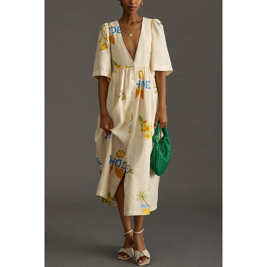 European And American Spring And Summer New Casual Five-point Puff Sleeve Dress INS Loose Vacation Dress For Women