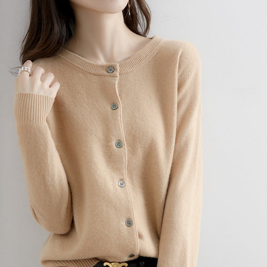 Round Neck Knitted Cardigan Women Loose Solid Color Jacket