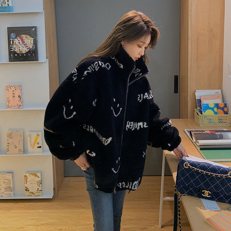 Thickened Sheep Shearing Letters Loose Fashion Plush Jacket Women