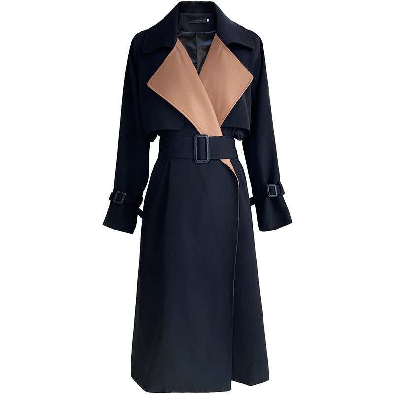 Temperament Stitching Contrast Color Mid-length Windbreaker Jacket Women