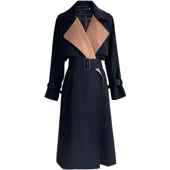 Temperament Stitching Contrast Color Mid-length Windbreaker Jacket Women