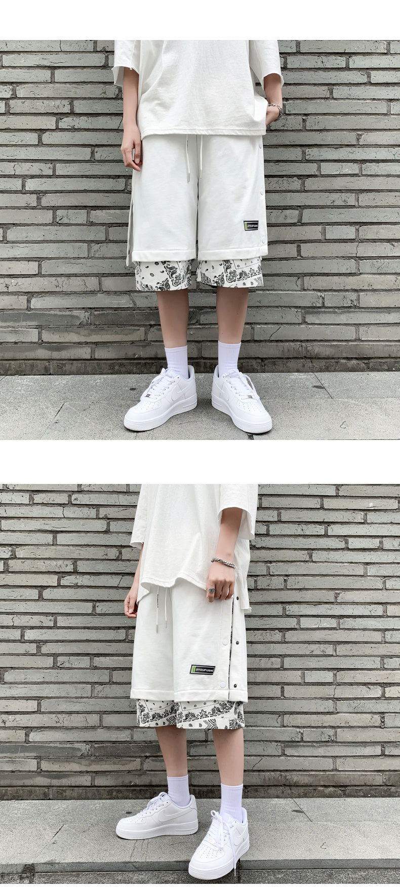 Hong Kong Style Breasted Shorts Men''s Hip Hop Cashew Flower Stitching Loose Fashion