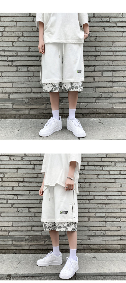 Hong Kong Style Breasted Shorts Men''s Hip Hop Cashew Flower Stitching Loose Fashion