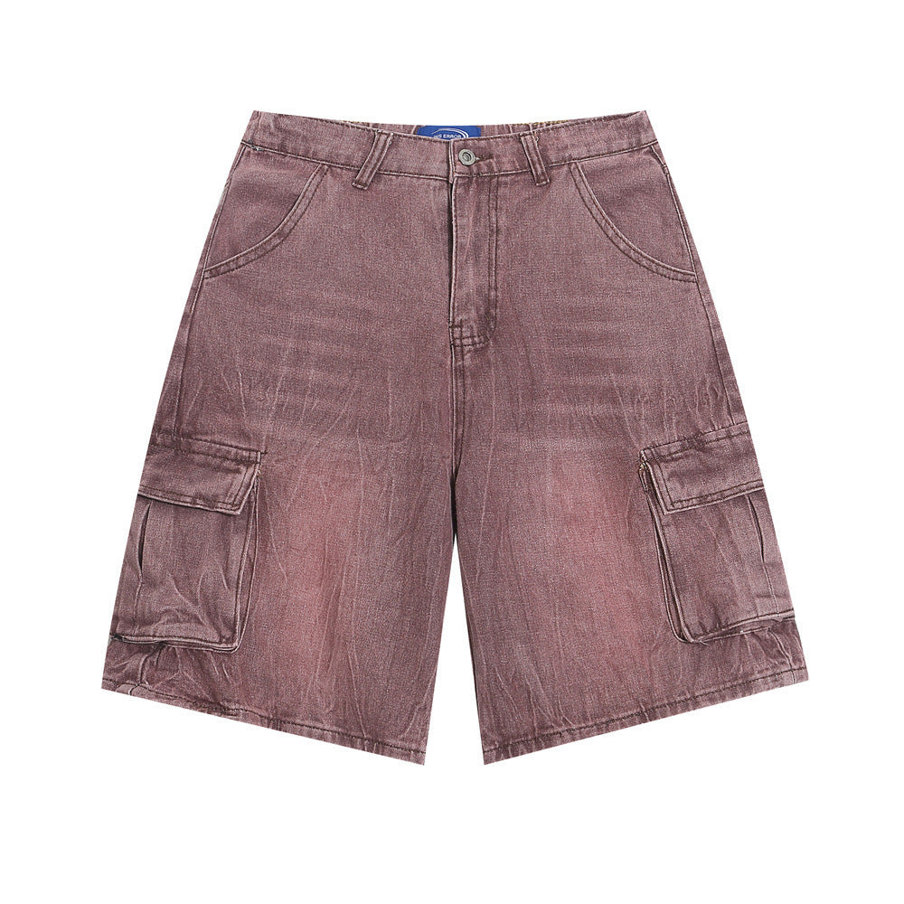 Distressed Washed Denim Cargo Pants Shorts For Men