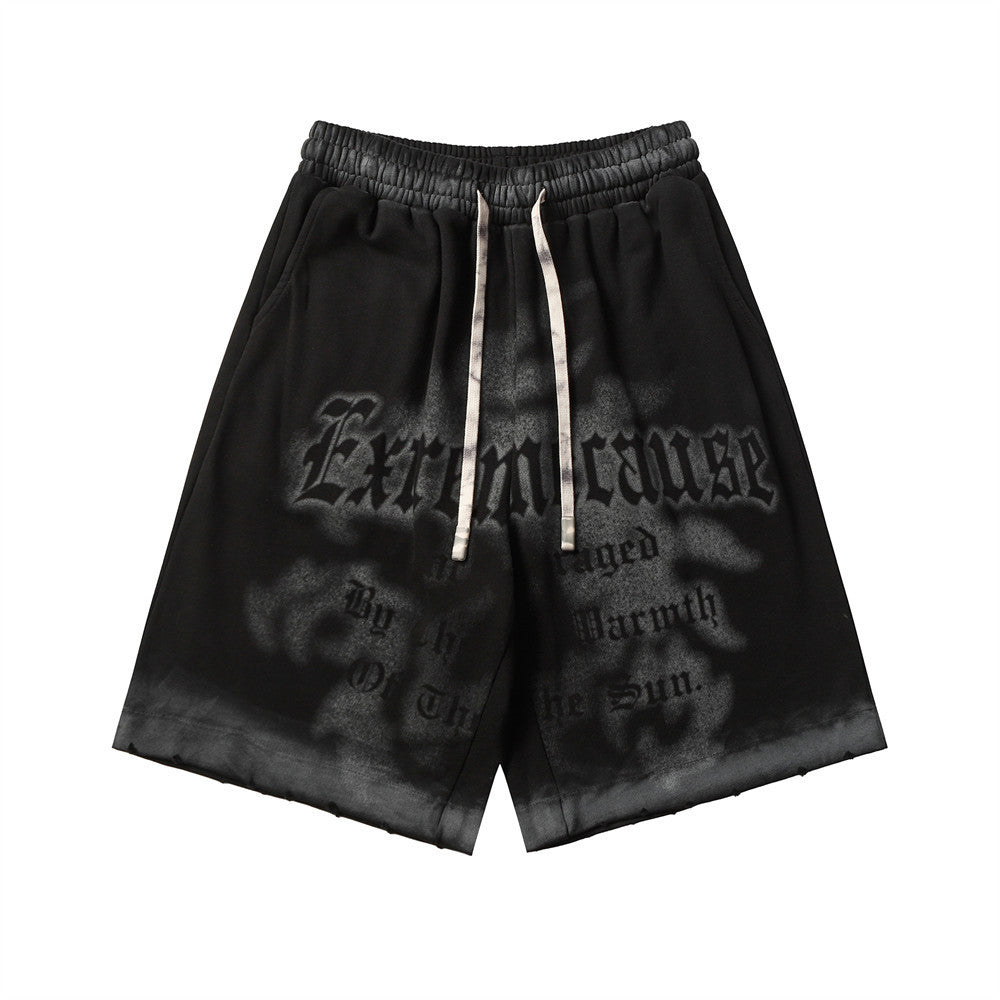 Fuzzy Letter Spray Painting Loose Shorts Men Punk