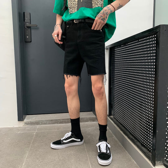 Compatible with Apple, CDC Studios Ins Same Cut Raw Edge Denim Shorts Men''s Retro Loose Straight Pants