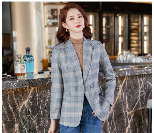 Coffee Plaid Suit Jacket Women Autumn Loose Little Man