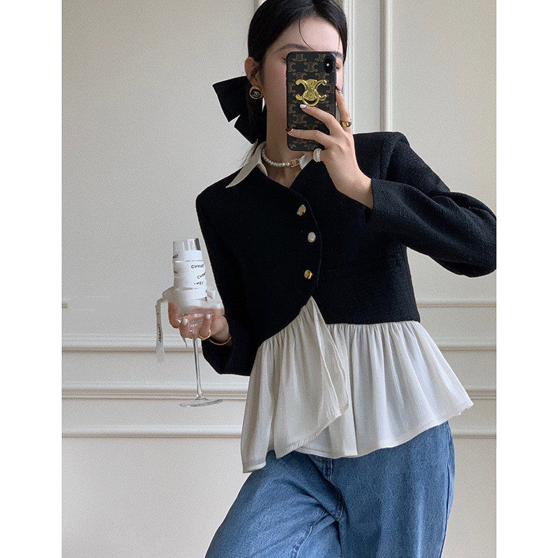 Xiaoxiang Style Hepburn Style Shirt Collar Tweed Jacket Women