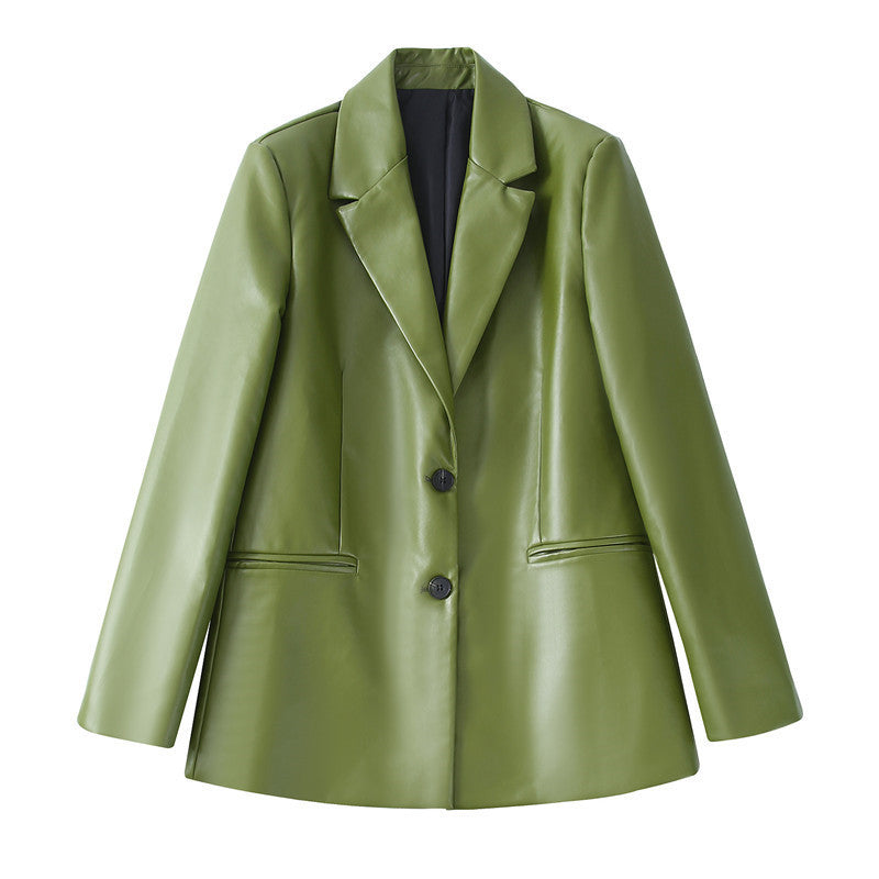Single Breasted Casual Imitation Leather Suit Jacket Trousers Suit Women