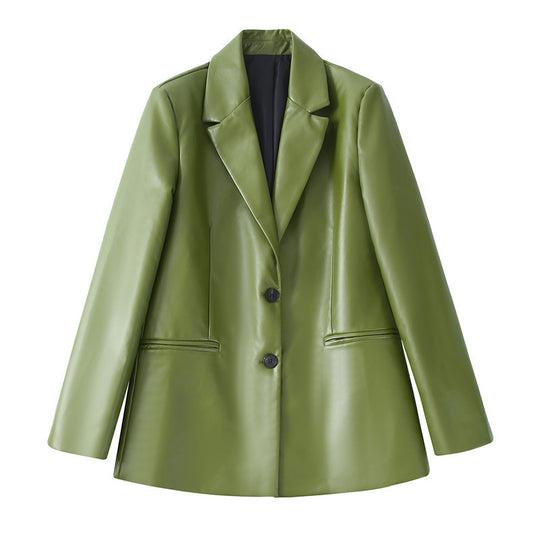 Single Breasted Casual Imitation Leather Suit Jacket Trousers Suit Women